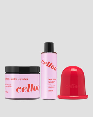 Set with peeling scrub, oil, and large Celloo anti-cellulite massage cup