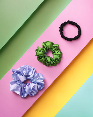 Set of 100% natural silk hair elastics - purple, green, black Twisty 3 pcs. - 5
