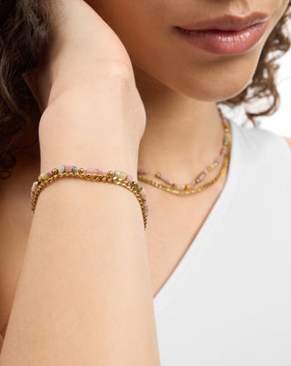 Gold plated stainless steel necklace with pink and lemon jade Mys_2 - 3