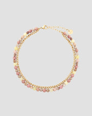 Gold plated stainless steel ankle bracelet with pink and lemon jade Mys_3