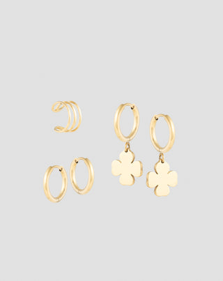 Gold-Plated Clover Hoop Earrings & Ear Cuff Set Mys_1