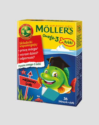 Dietary supplement with omega-3 fatty acids raspberry flavored fish Moller's 36 jelly beans