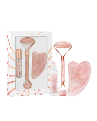 Facial Roller + Gua Sha Plate + Roll-On Bottle Rose Quartz Beauty Set Crystallove