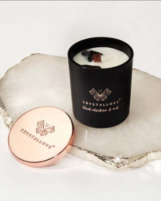 Soy Candle with Black Obsidian and Oud Wood Resin Scent in Glass Container Crystallove