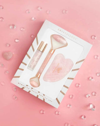 Facial Roller + Gua Sha Plate + Roll-On Bottle Rose Quartz Beauty Set Crystallove - 2