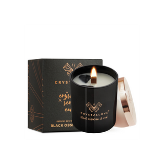 Soy Candle with Black Obsidian and Oud Wood Resin Scent in Glass Container Crystallove