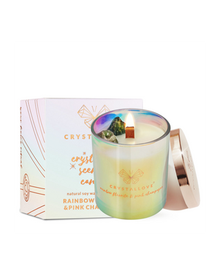 Soy Candle with Rainbow Fluorite and Pink Champagne in Glass Container Crystallove