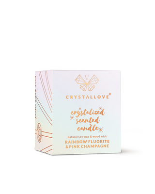 Soy Candle with Rainbow Fluorite and Pink Champagne in Glass Container Crystallove
