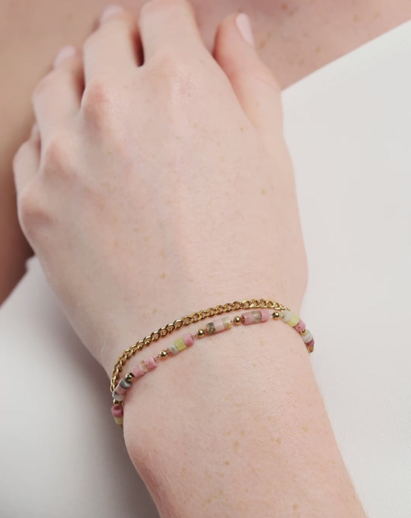 Gold plated bracelet with natural stones pink and lemon jade Mys_1