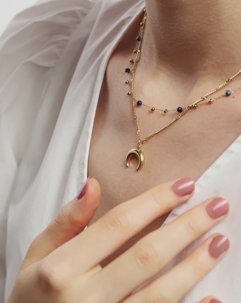 Gold plated natural stone lapis lazuli necklace with crescent moon Mys_6