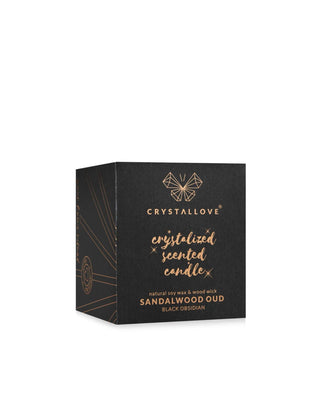 Soy Candle with Black Obsidian and Oud Wood Resin Scent in Glass Container Crystallove