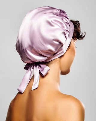 Twisty pink silk sleeping cap for curly and wavy hair